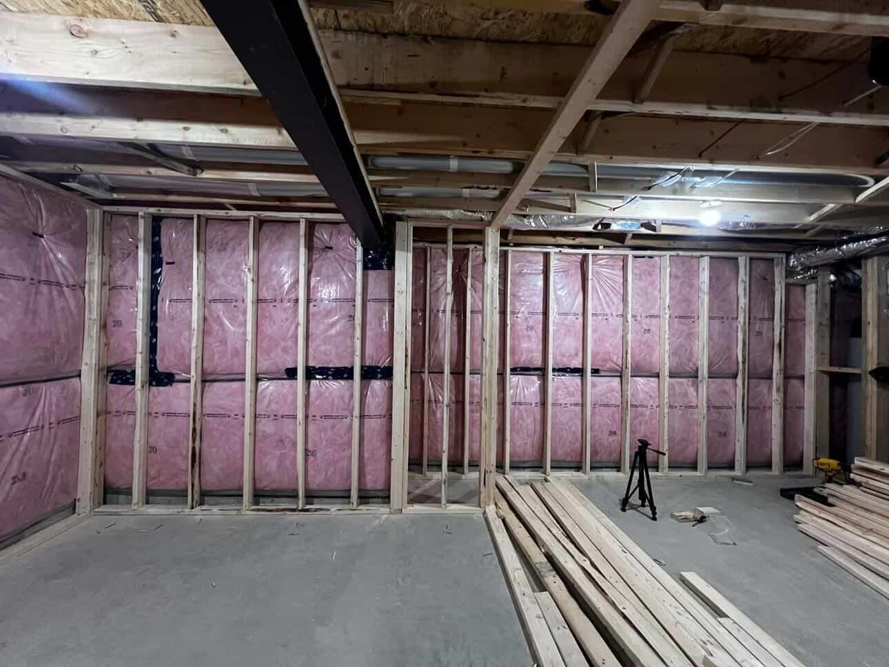 Basement framing with lumber and insulation